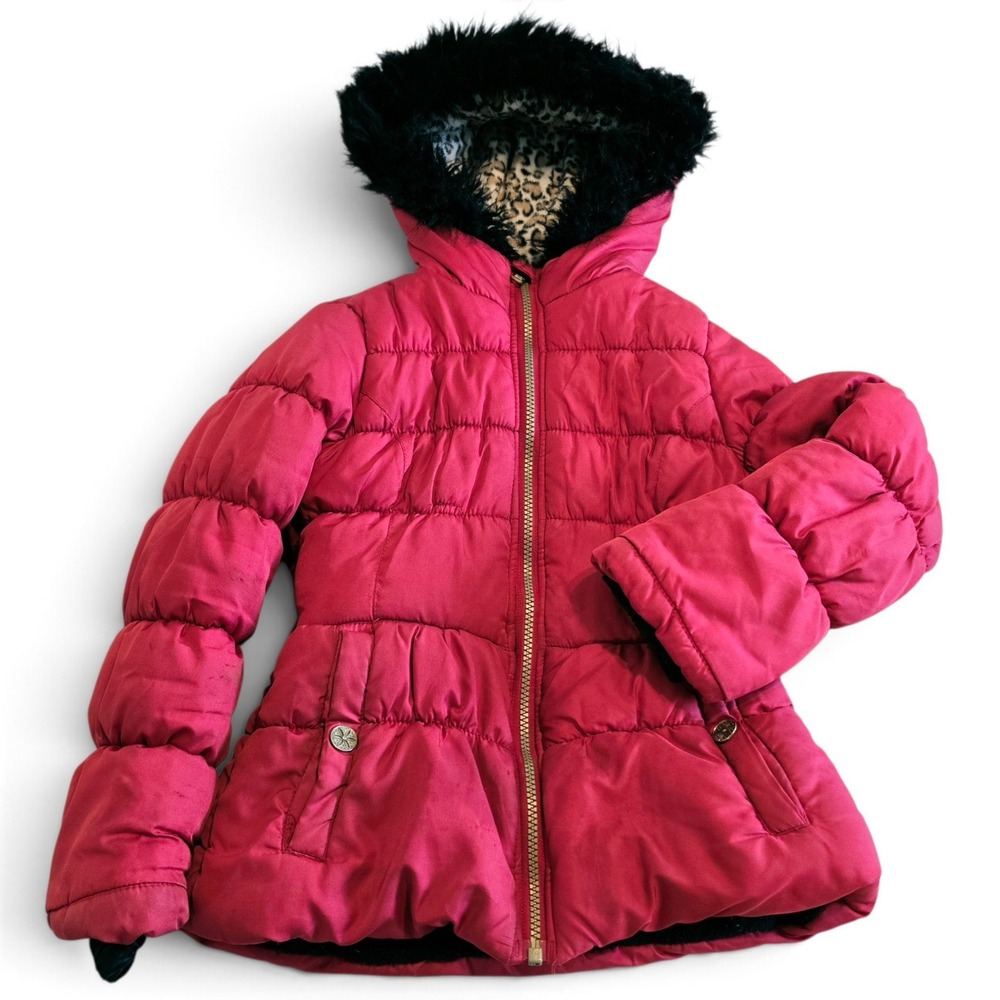 Jessica Simpson Puffer Coat Faux Fur Hood Leopard Lining Girls' S 7/8 Red Black